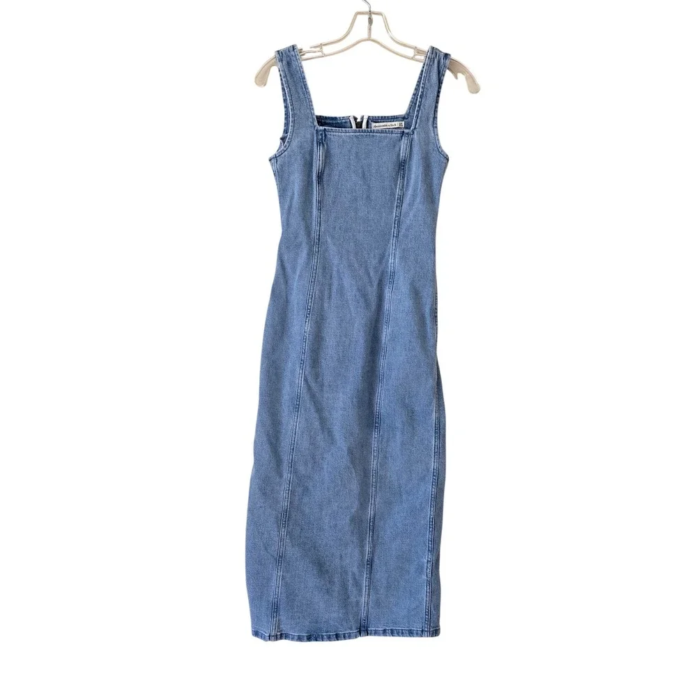 Abercrombie‎ & Fitch Denim Midi Dress Blue Square Neck XSP Petite Bodycon